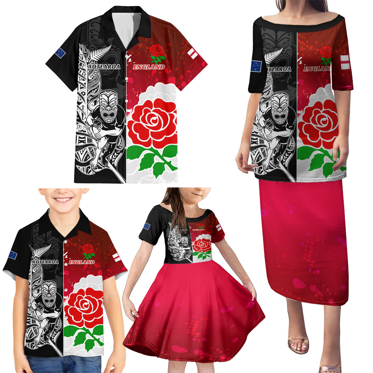 custom-new-zealand-and-england-rugby-family-matching-puletasi-dress-and-hawaiian-shirt-2023-world-cup-all-black-combine-red-roses