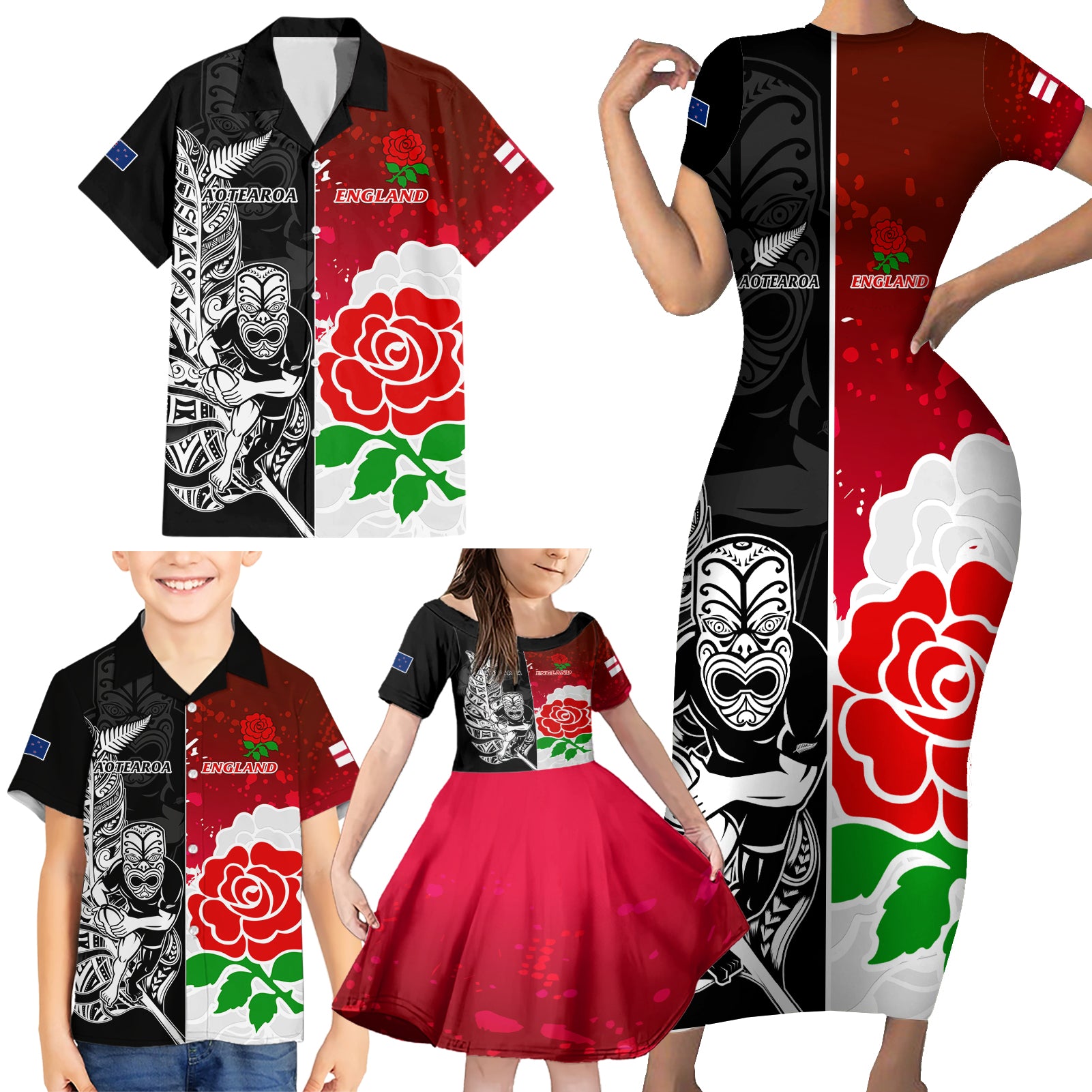 custom-new-zealand-and-england-rugby-family-matching-short-sleeve-bodycon-dress-and-hawaiian-shirt-2023-world-cup-all-black-combine-red-roses