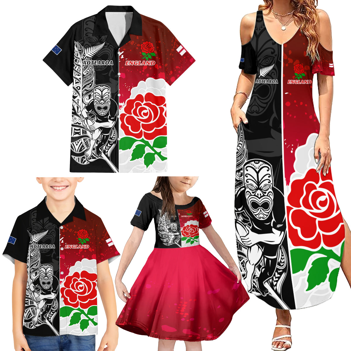 custom-new-zealand-and-england-rugby-family-matching-summer-maxi-dress-and-hawaiian-shirt-2023-world-cup-all-black-combine-red-roses