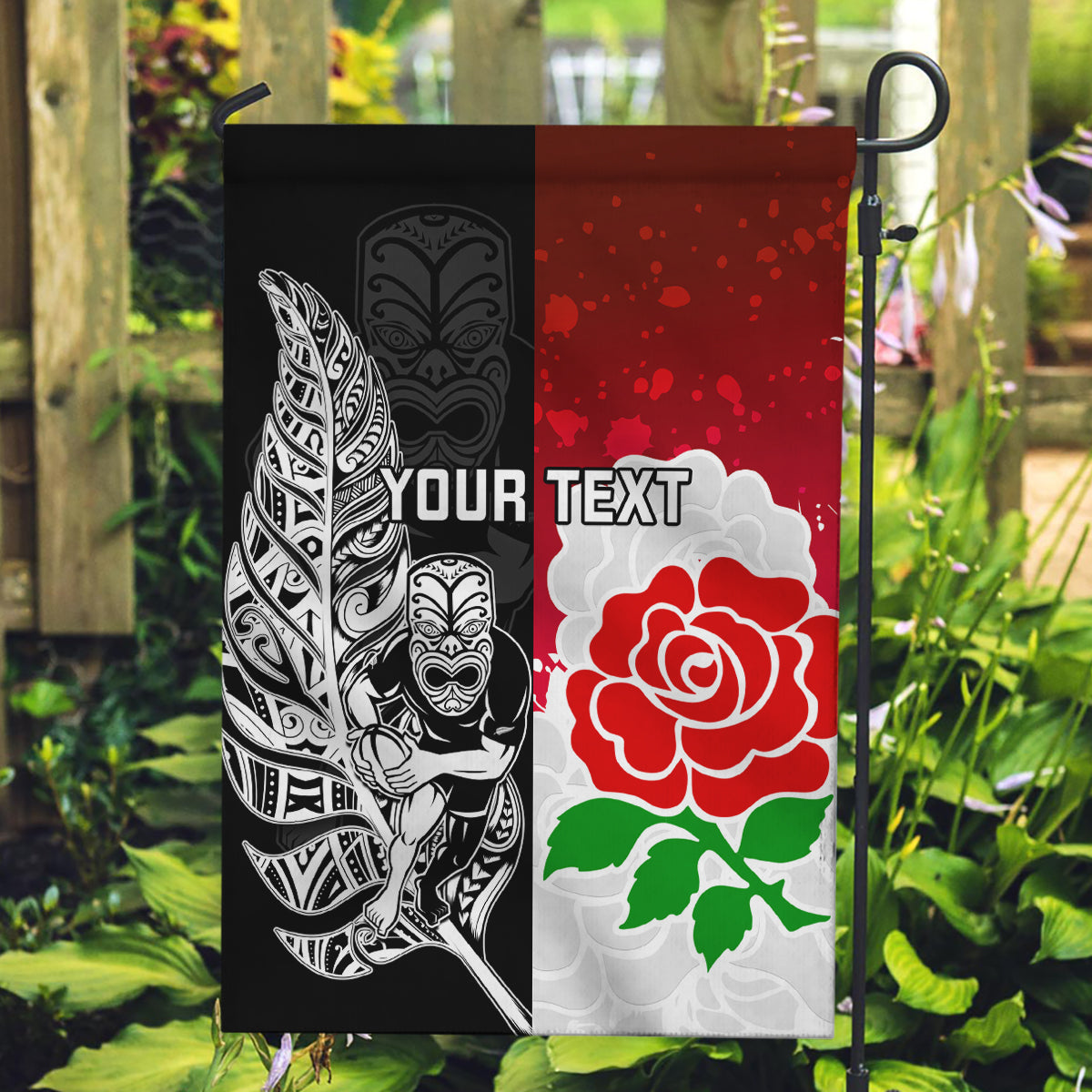 Custom New Zealand And England Rugby Garden Flag 2023 World Cup All Black Combine Red Roses - Vibe Hoodie Shop