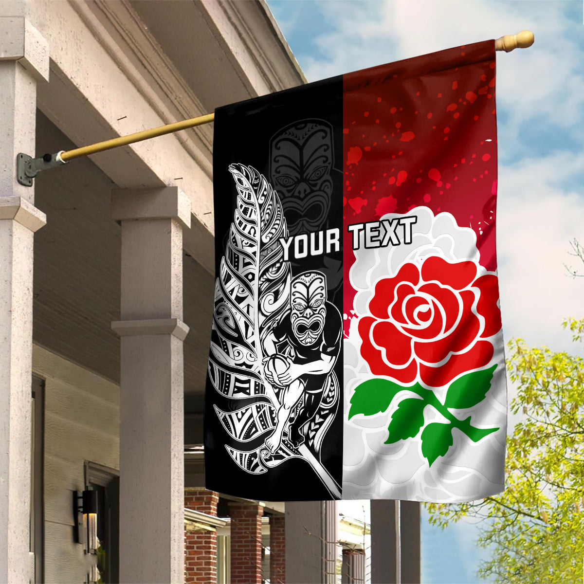 Custom New Zealand And England Rugby Garden Flag 2023 World Cup All Black Combine Red Roses - Vibe Hoodie Shop