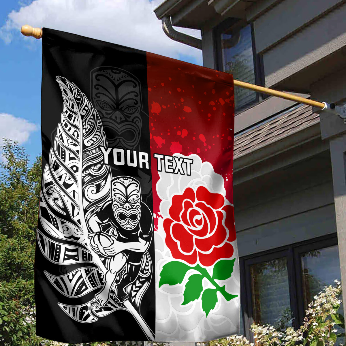 Custom New Zealand And England Rugby Garden Flag 2023 World Cup All Black Combine Red Roses - Vibe Hoodie Shop