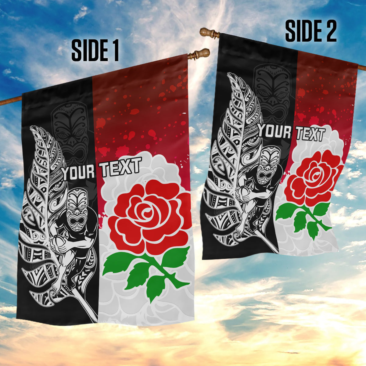 Custom New Zealand And England Rugby Garden Flag 2023 World Cup All Black Combine Red Roses - Vibe Hoodie Shop