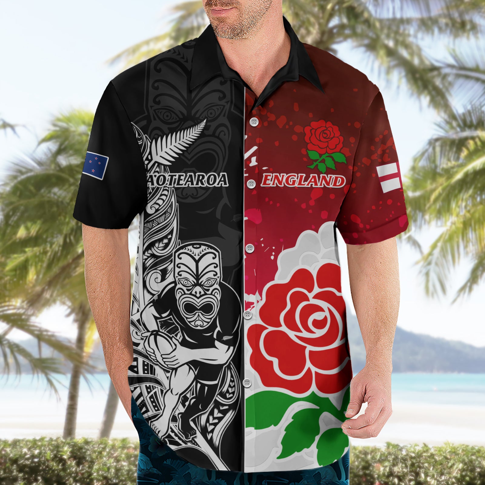 Custom New Zealand And England Rugby Hawaiian Shirt 2023 World Cup All Black Combine Red Roses - Vibe Hoodie Shop