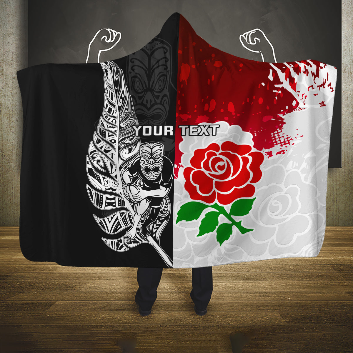 custom-new-zealand-and-england-rugby-hooded-blanket-2023-world-cup-all-black-combine-red-roses