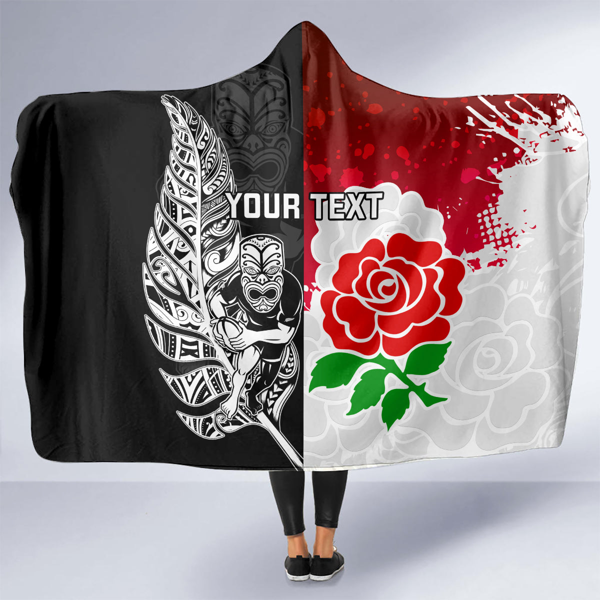 custom-new-zealand-and-england-rugby-hooded-blanket-2023-world-cup-all-black-combine-red-roses