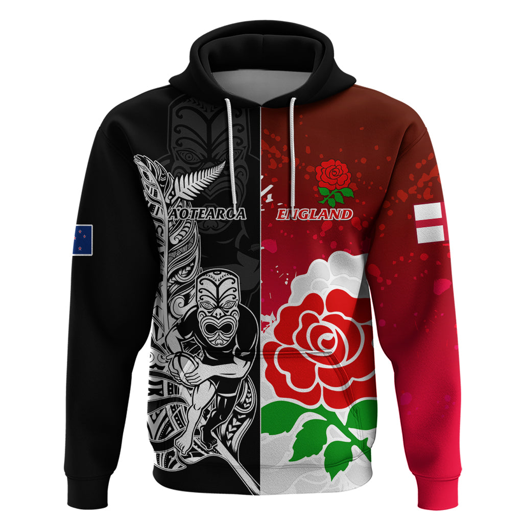 Custom New Zealand And England Rugby Hoodie 2023 World Cup All Black Combine Red Roses - Vibe Hoodie Shop