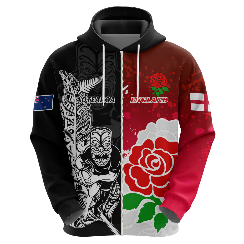 Custom New Zealand And England Rugby Hoodie 2023 World Cup All Black Combine Red Roses - Vibe Hoodie Shop