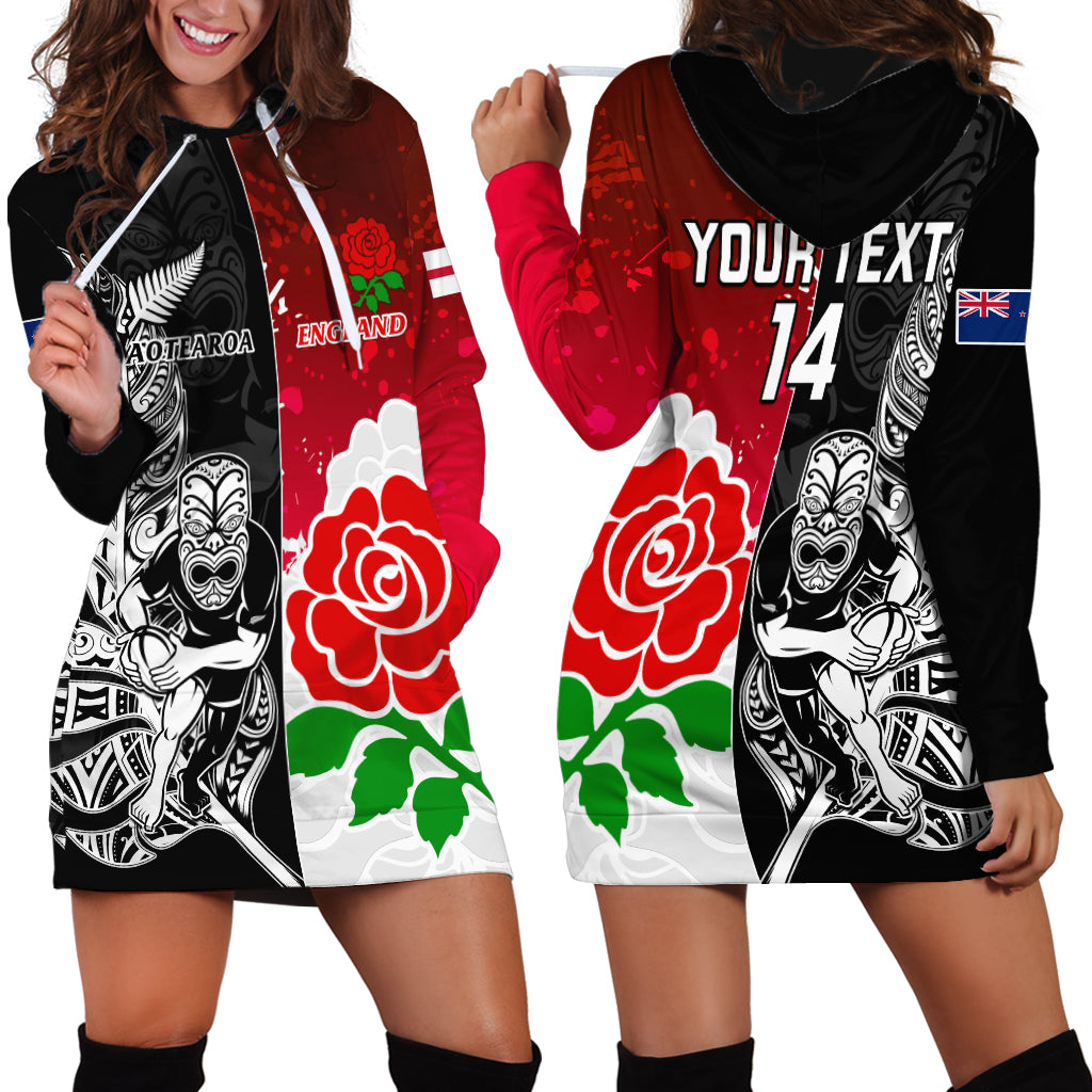 Custom New Zealand And England Rugby Hoodie Dress 2023 World Cup All Black Combine Red Roses - Vibe Hoodie Shop