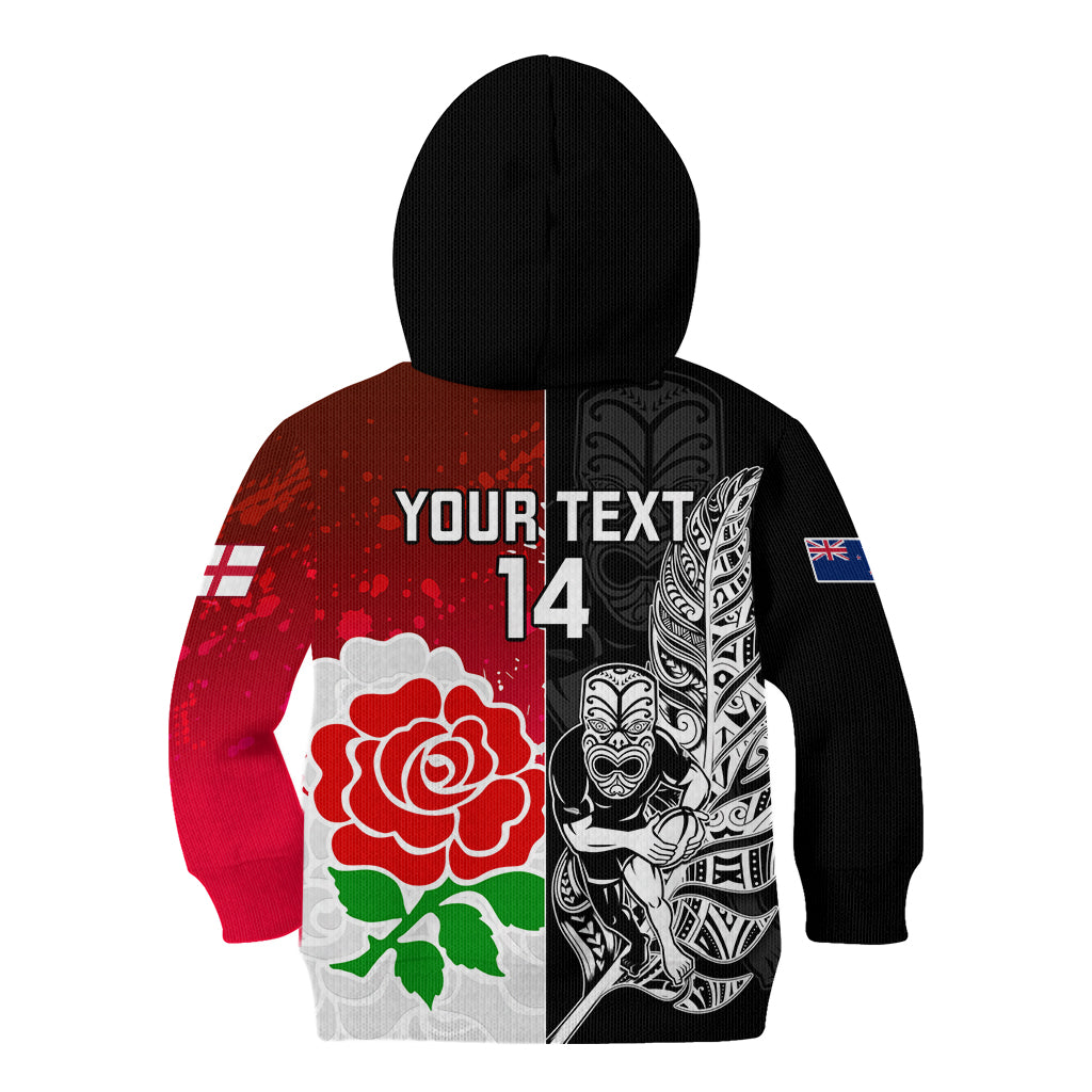 Custom New Zealand And England Rugby Kid Hoodie 2023 World Cup All Black Combine Red Roses - Vibe Hoodie Shop