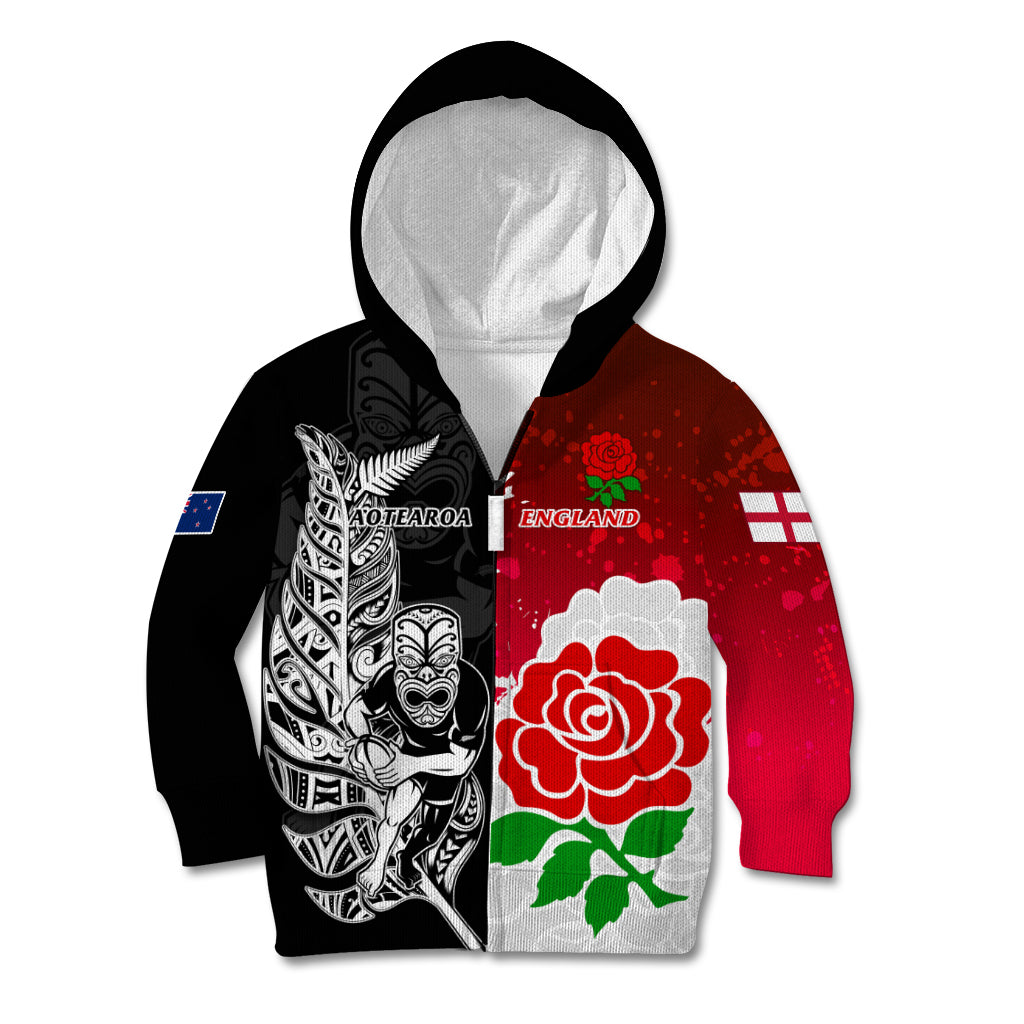 Custom New Zealand And England Rugby Kid Hoodie 2023 World Cup All Black Combine Red Roses - Vibe Hoodie Shop