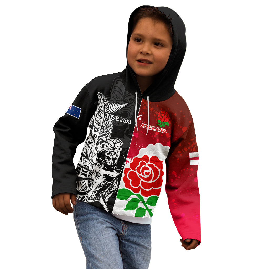 Custom New Zealand And England Rugby Kid Hoodie 2023 World Cup All Black Combine Red Roses - Vibe Hoodie Shop