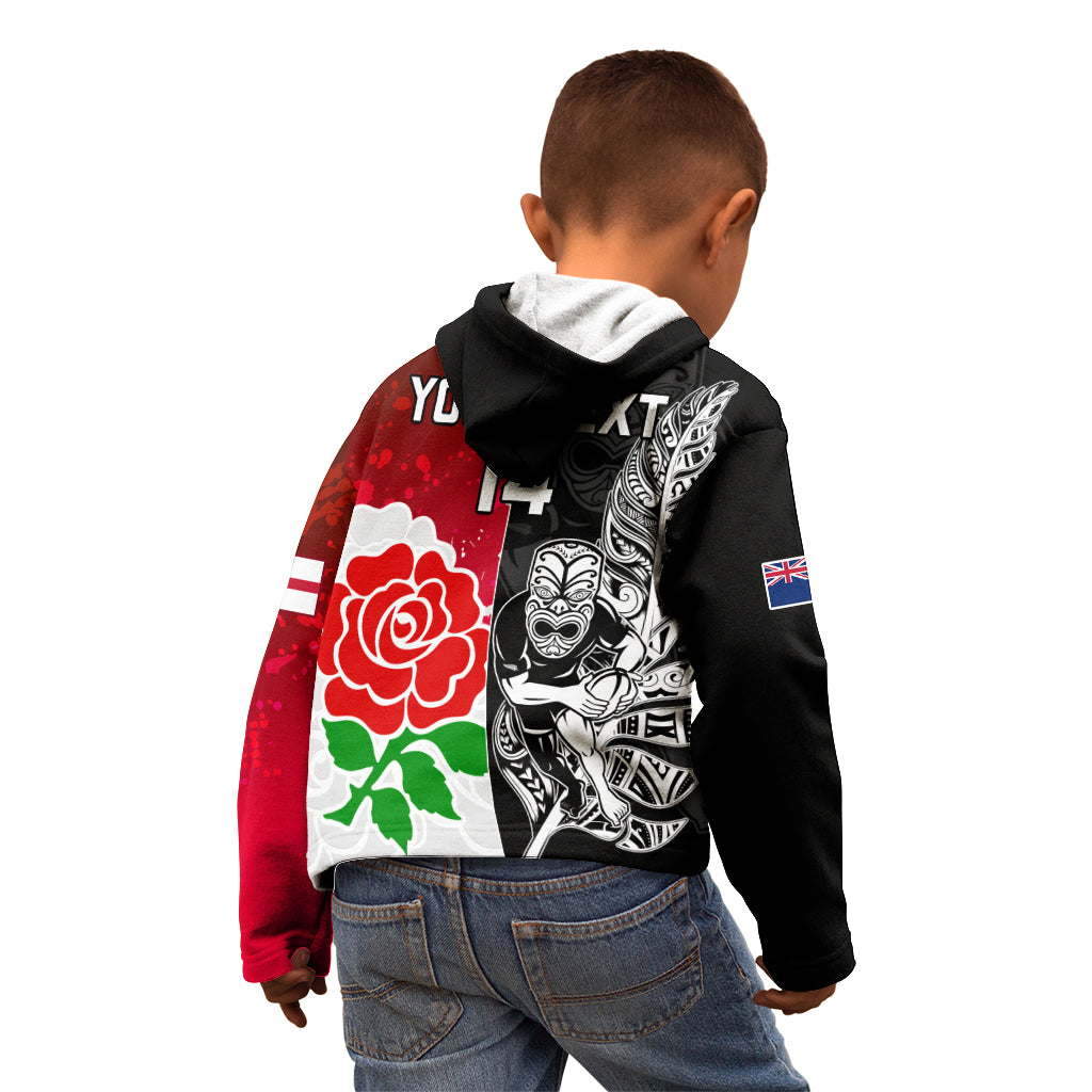 Custom New Zealand And England Rugby Kid Hoodie 2023 World Cup All Black Combine Red Roses - Vibe Hoodie Shop