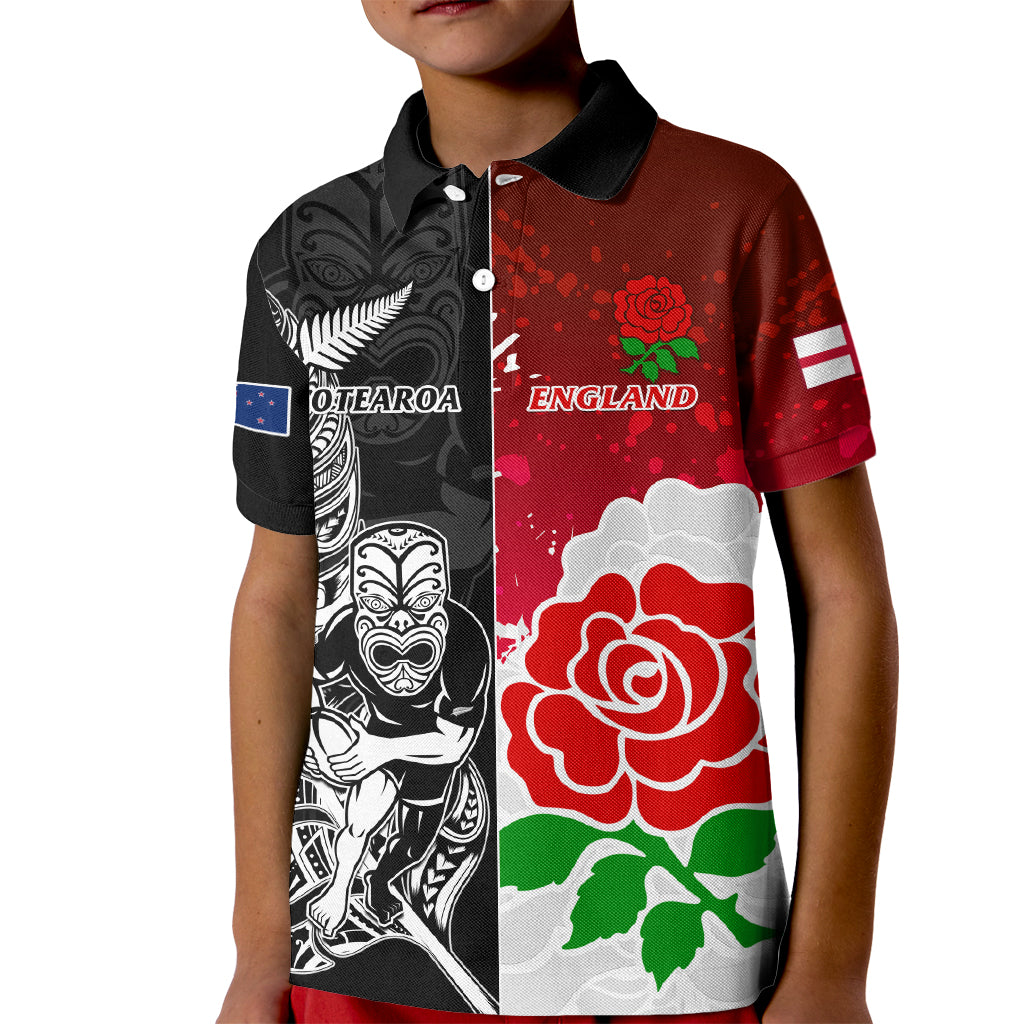 Custom New Zealand And England Rugby Kid Polo Shirt 2023 World Cup All Black Combine Red Roses - Vibe Hoodie Shop