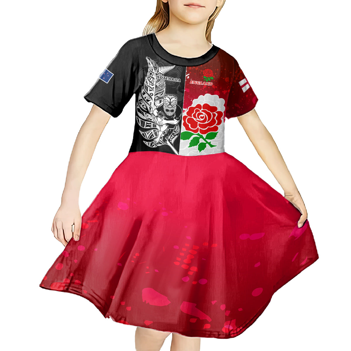 Custom New Zealand And England Rugby Kid Short Sleeve Dress 2023 World Cup All Black Combine Red Roses - Vibe Hoodie Shop