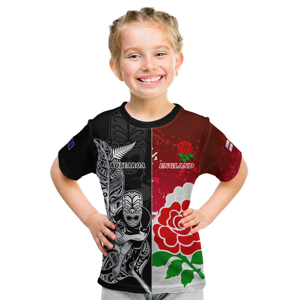 Custom New Zealand And England Rugby Kid T Shirt 2023 World Cup All Black Combine Red Roses - Vibe Hoodie Shop