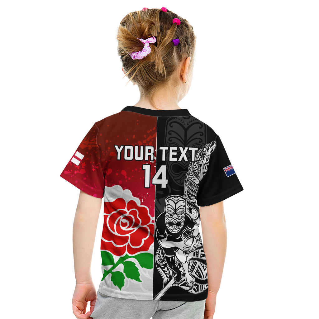 Custom New Zealand And England Rugby Kid T Shirt 2023 World Cup All Black Combine Red Roses - Vibe Hoodie Shop