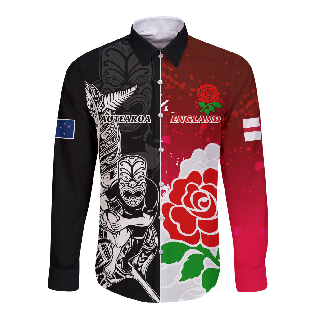 Custom New Zealand And England Rugby Long Sleeve Button Shirt 2023 World Cup All Black Combine Red Roses - Vibe Hoodie Shop