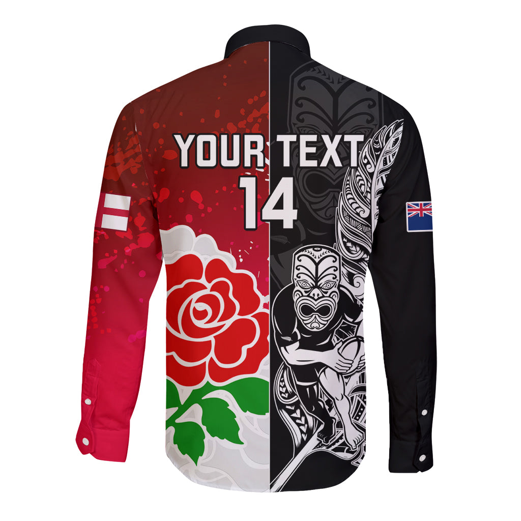 Custom New Zealand And England Rugby Long Sleeve Button Shirt 2023 World Cup All Black Combine Red Roses - Vibe Hoodie Shop