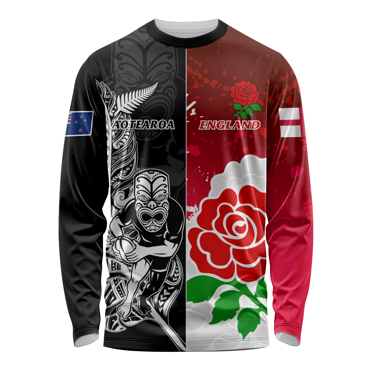 Custom New Zealand And England Rugby Long Sleeve Shirt 2023 World Cup All Black Combine Red Roses - Vibe Hoodie Shop