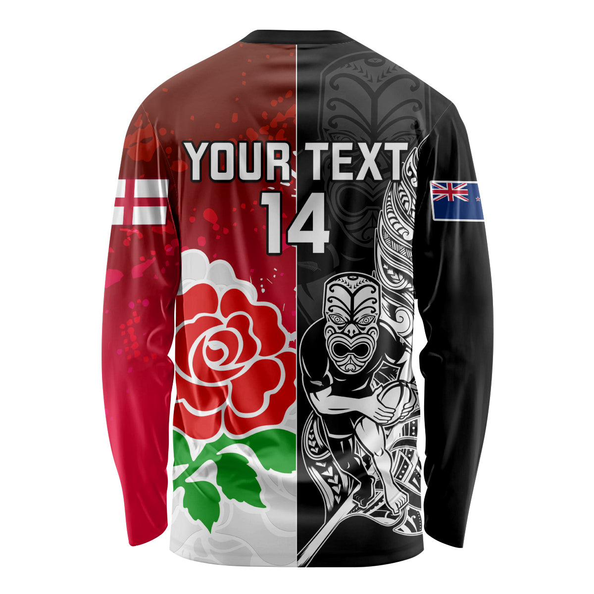 Custom New Zealand And England Rugby Long Sleeve Shirt 2023 World Cup All Black Combine Red Roses - Vibe Hoodie Shop