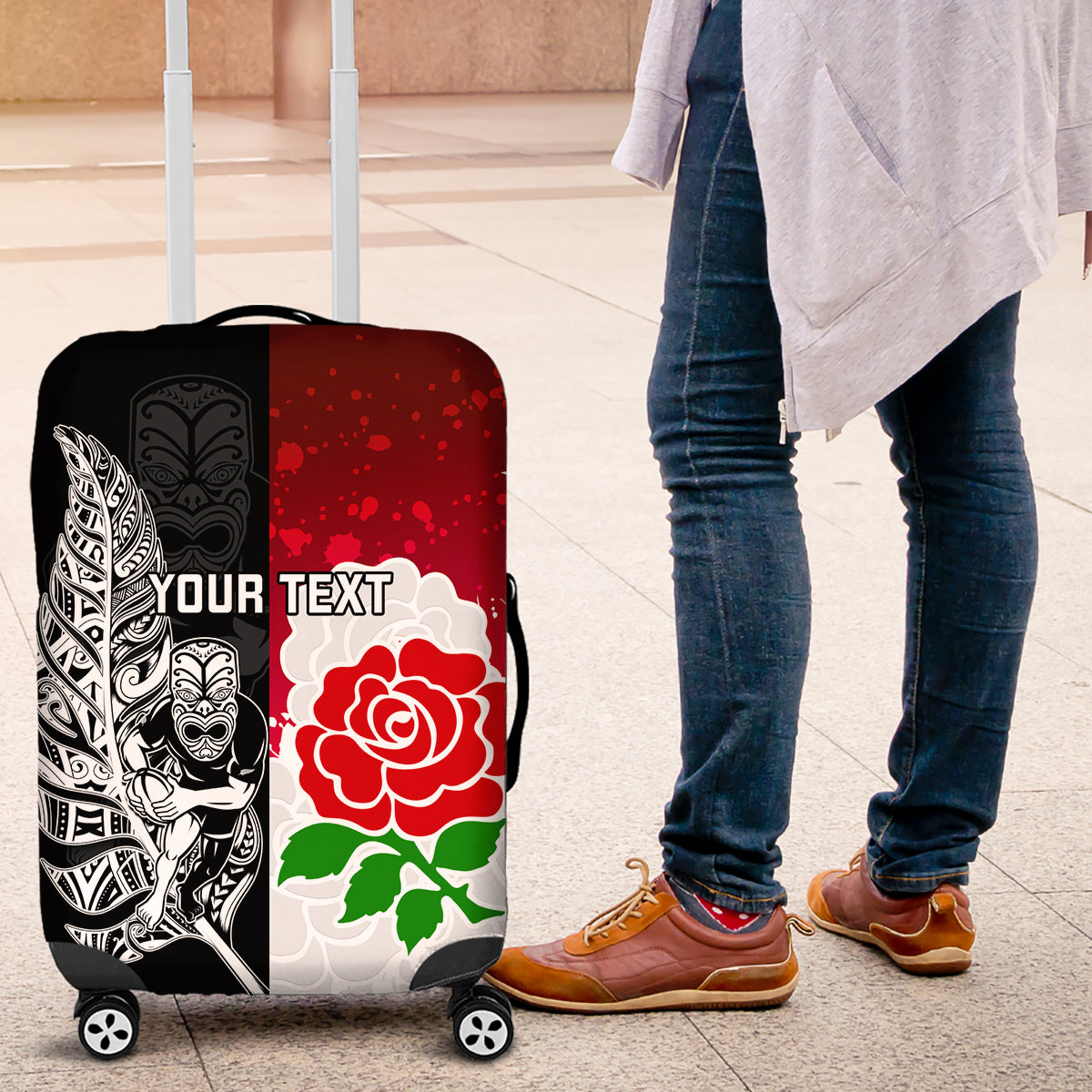 Custom New Zealand And England Rugby Luggage Cover 2023 World Cup All Black Combine Red Roses - Vibe Hoodie Shop