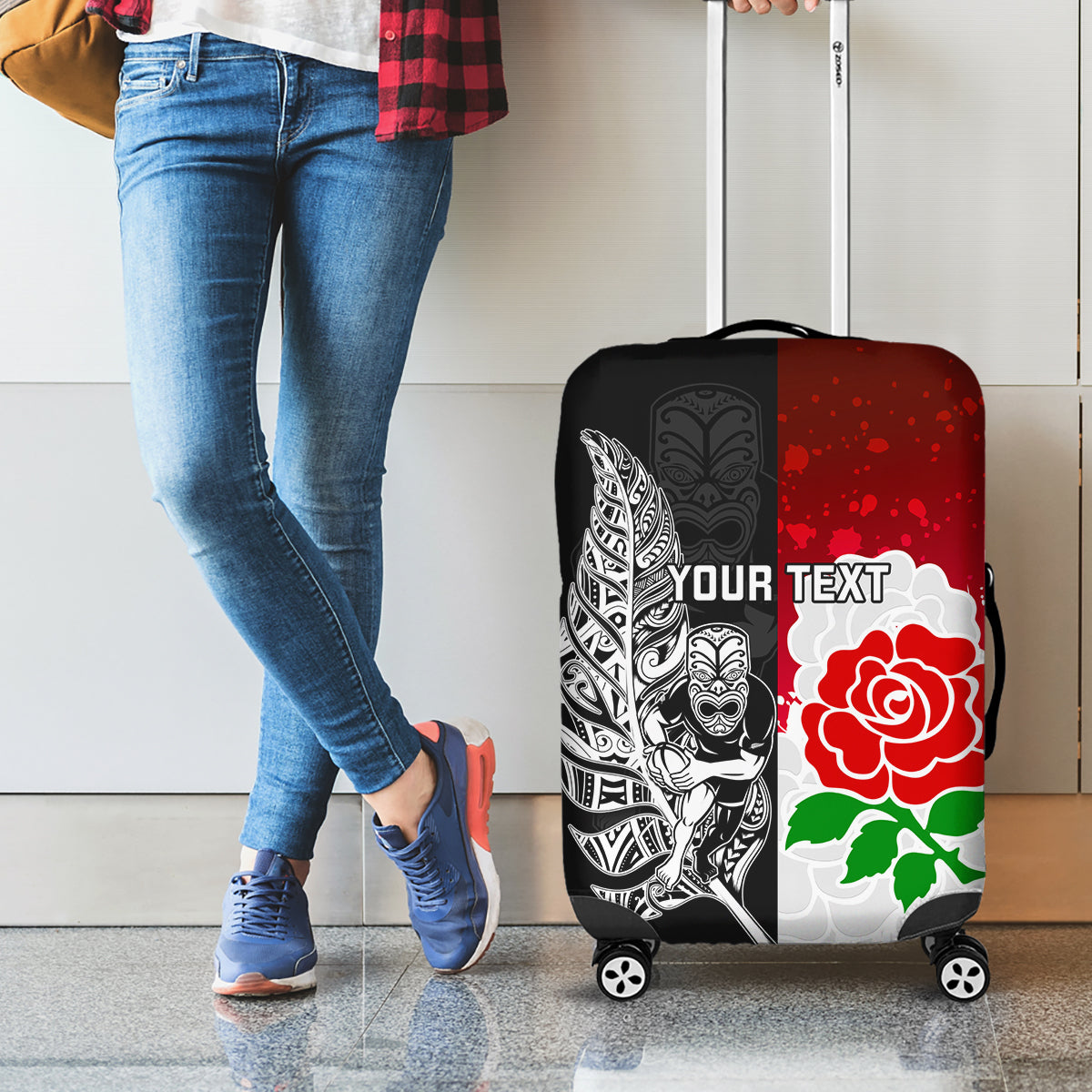 Custom New Zealand And England Rugby Luggage Cover 2023 World Cup All Black Combine Red Roses - Vibe Hoodie Shop