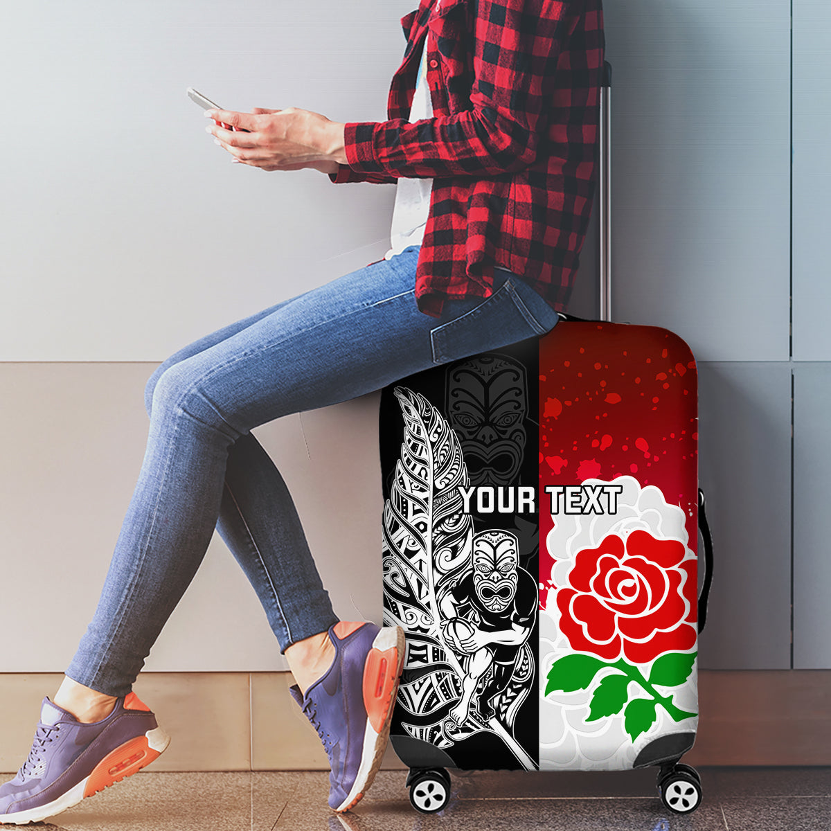 Custom New Zealand And England Rugby Luggage Cover 2023 World Cup All Black Combine Red Roses - Vibe Hoodie Shop