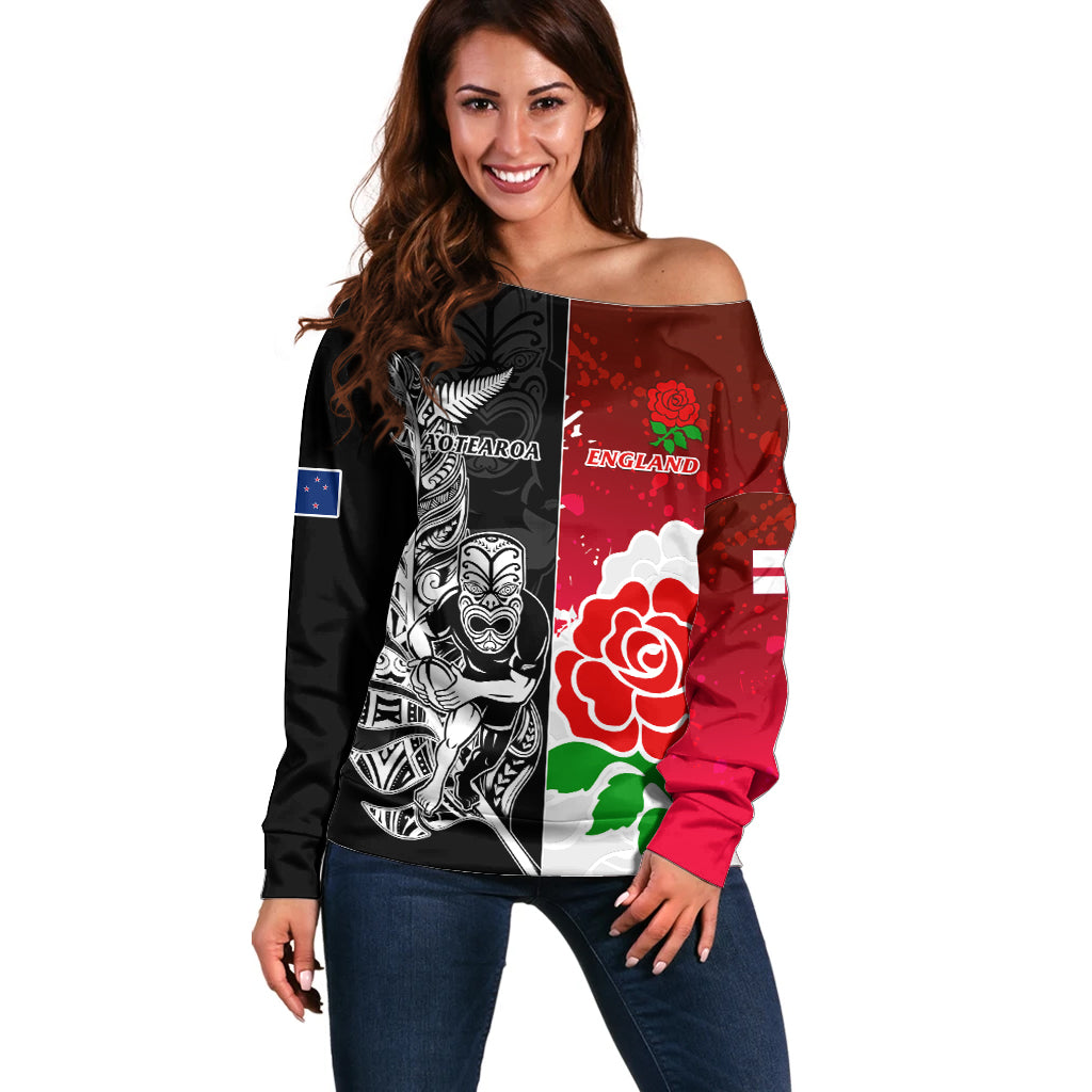 Custom New Zealand And England Rugby Off Shoulder Sweater 2023 World Cup All Black Combine Red Roses - Vibe Hoodie Shop