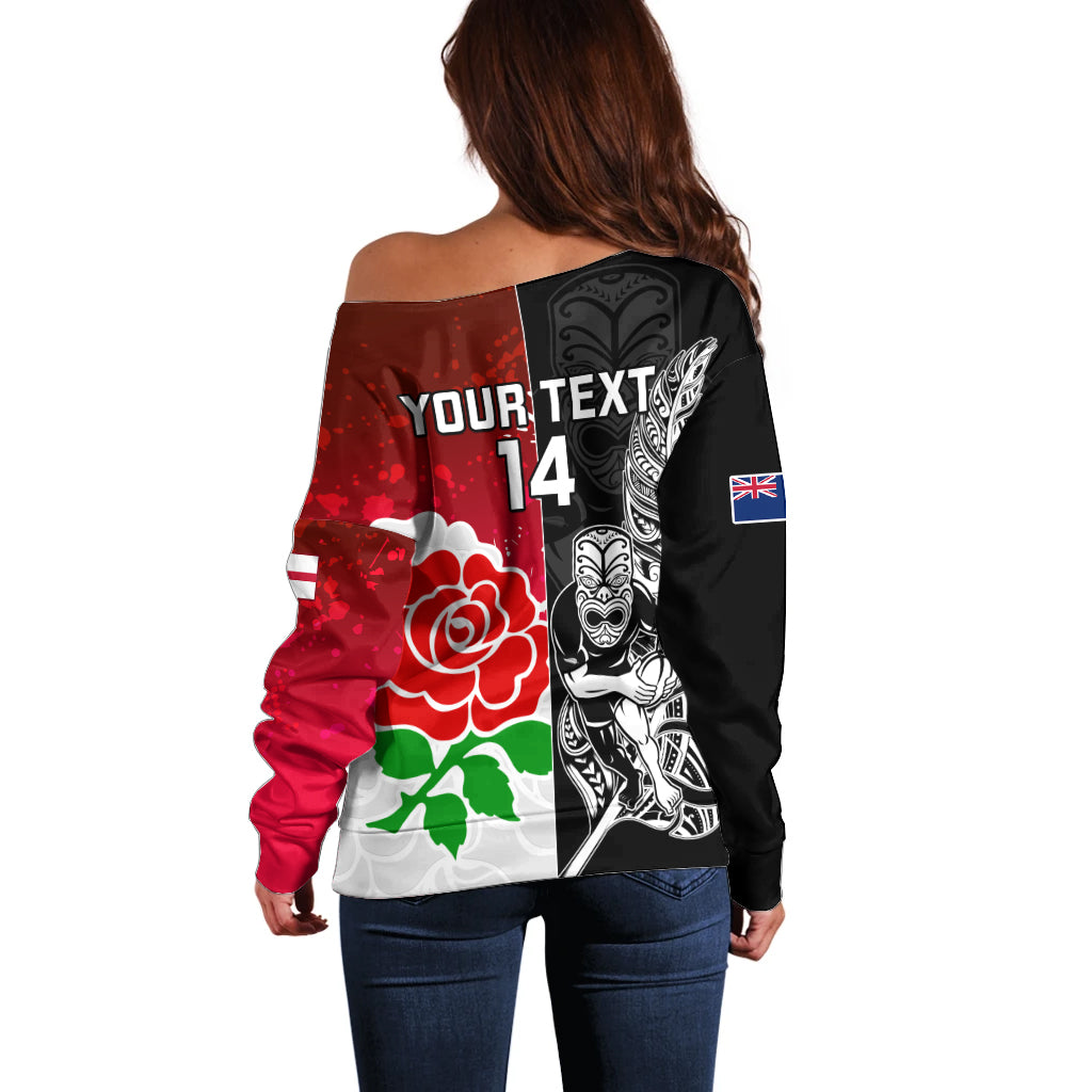 Custom New Zealand And England Rugby Off Shoulder Sweater 2023 World Cup All Black Combine Red Roses - Vibe Hoodie Shop