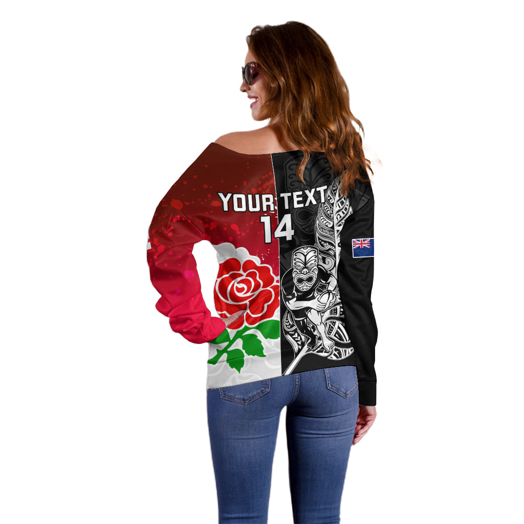 Custom New Zealand And England Rugby Off Shoulder Sweater 2023 World Cup All Black Combine Red Roses - Vibe Hoodie Shop