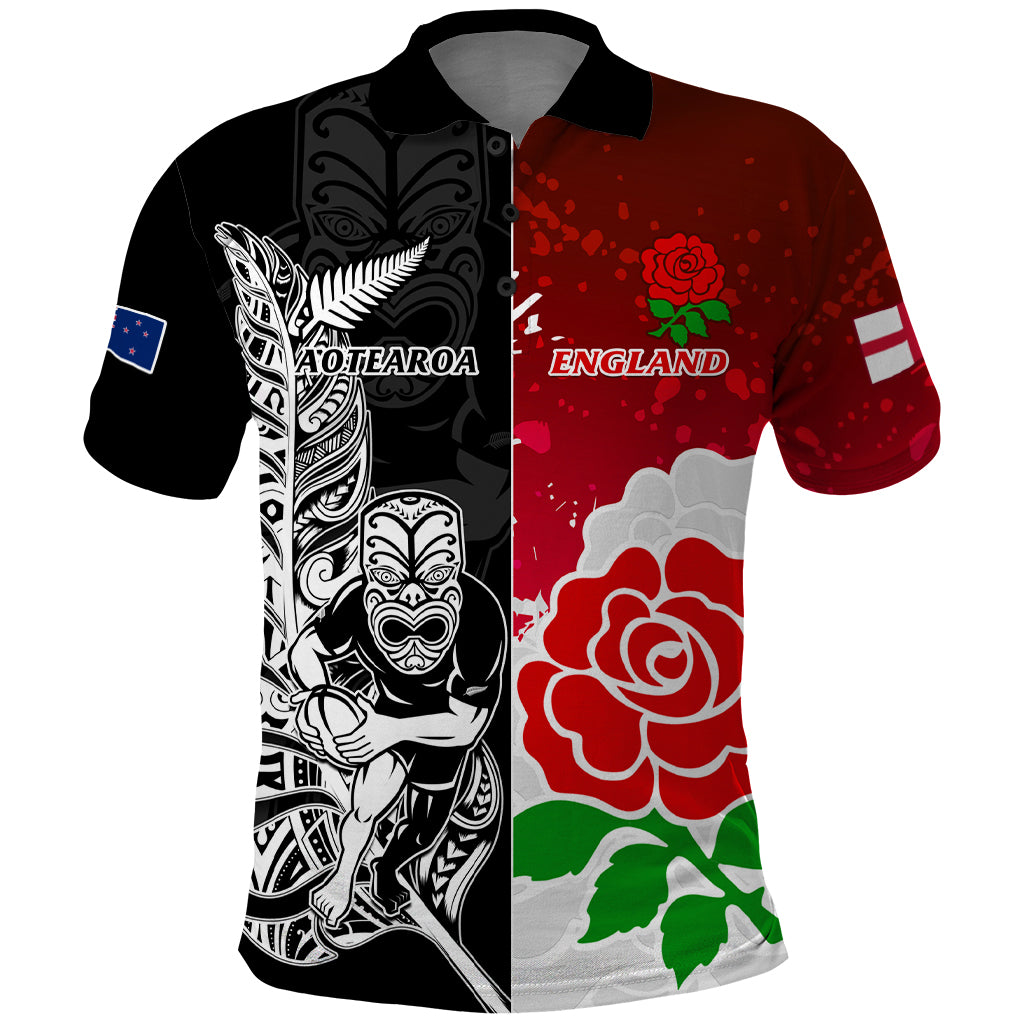 Custom New Zealand And England Rugby Polo Shirt 2023 World Cup All Black Combine Red Roses - Vibe Hoodie Shop