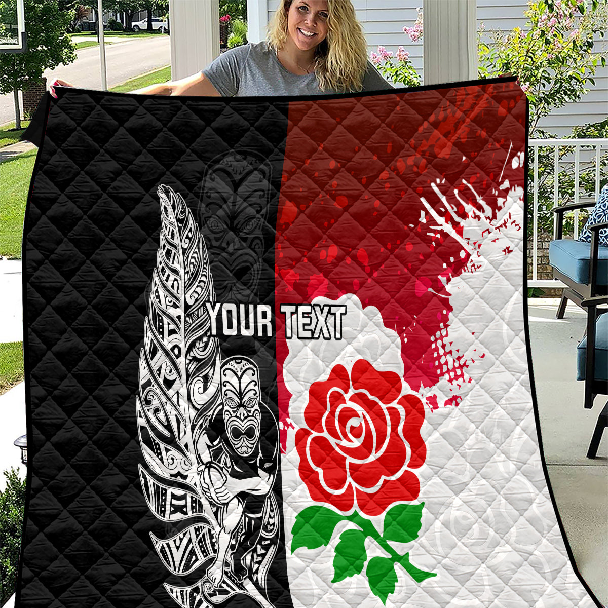 Custom New Zealand And England Rugby Quilt 2023 World Cup All Black Combine Red Roses - Vibe Hoodie Shop