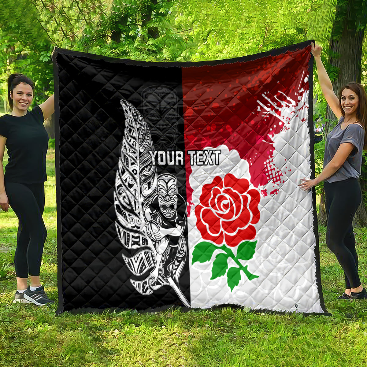 Custom New Zealand And England Rugby Quilt 2023 World Cup All Black Combine Red Roses - Vibe Hoodie Shop