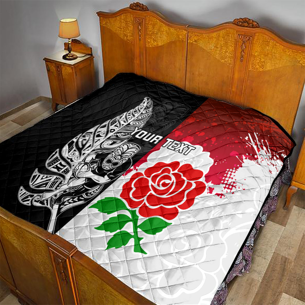 Custom New Zealand And England Rugby Quilt 2023 World Cup All Black Combine Red Roses - Vibe Hoodie Shop