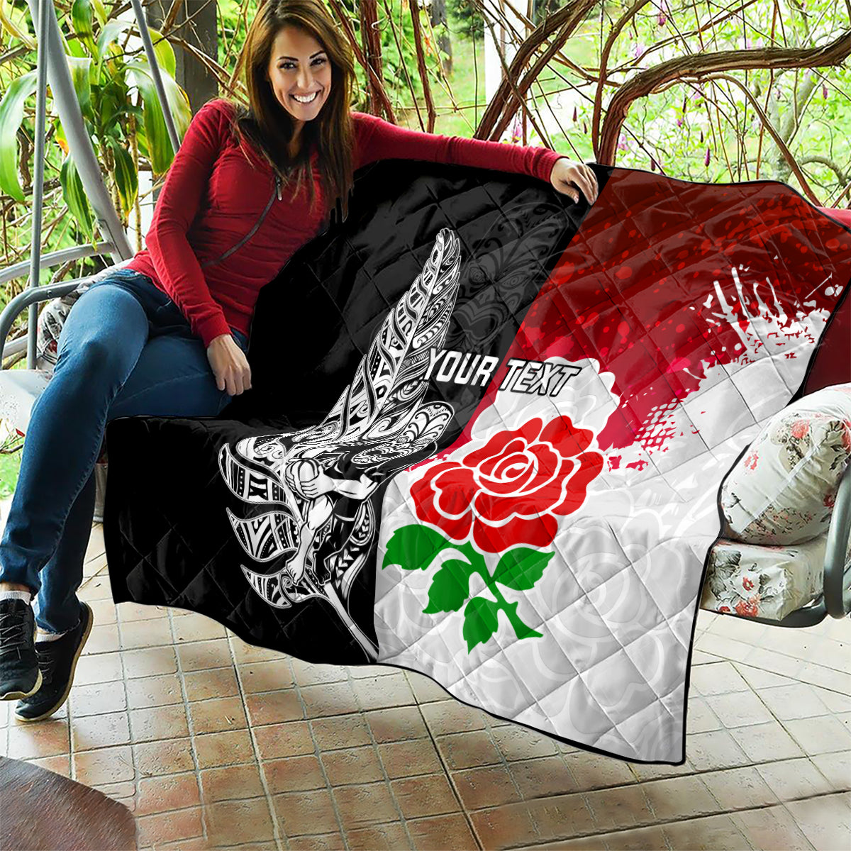 Custom New Zealand And England Rugby Quilt 2023 World Cup All Black Combine Red Roses - Vibe Hoodie Shop