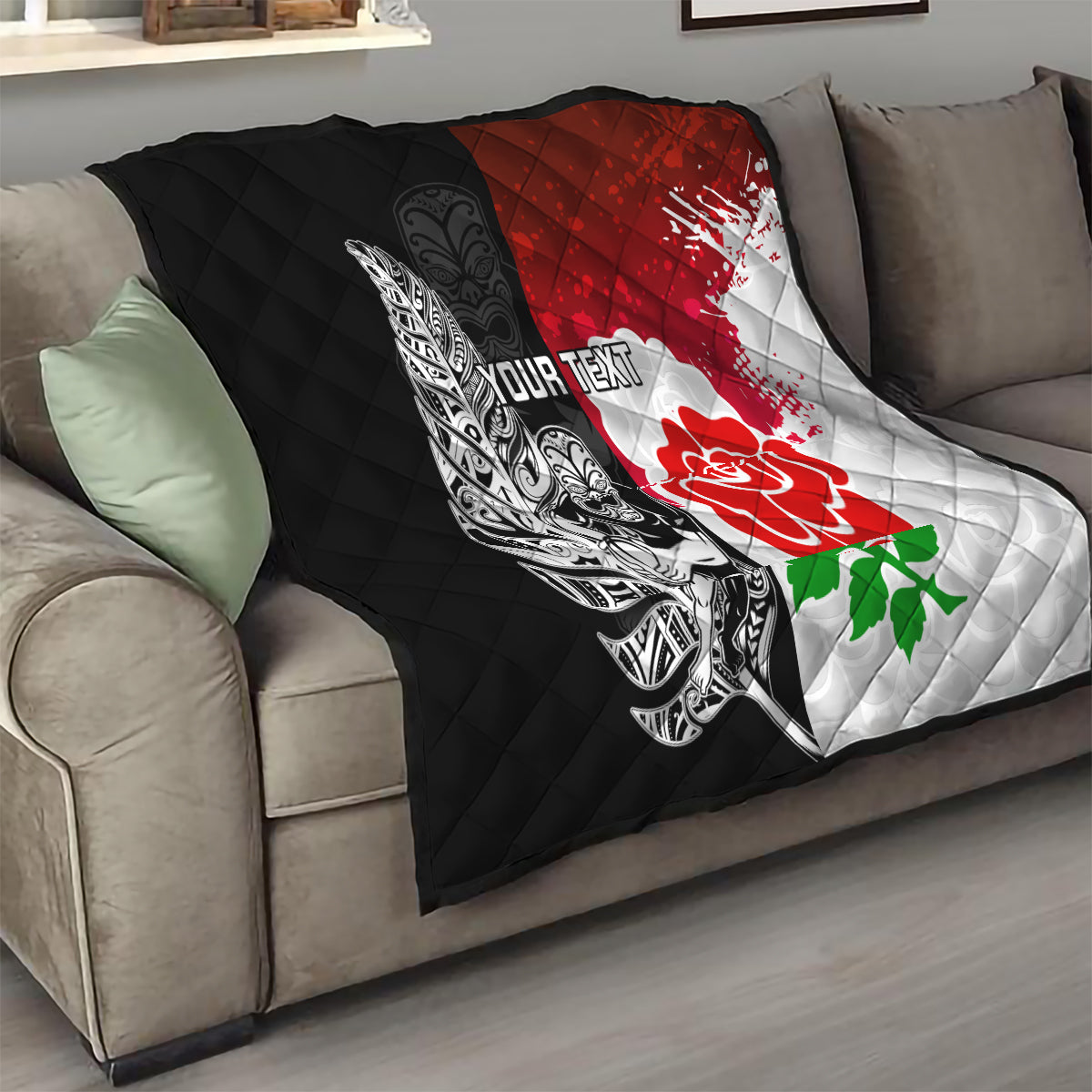 Custom New Zealand And England Rugby Quilt 2023 World Cup All Black Combine Red Roses - Vibe Hoodie Shop