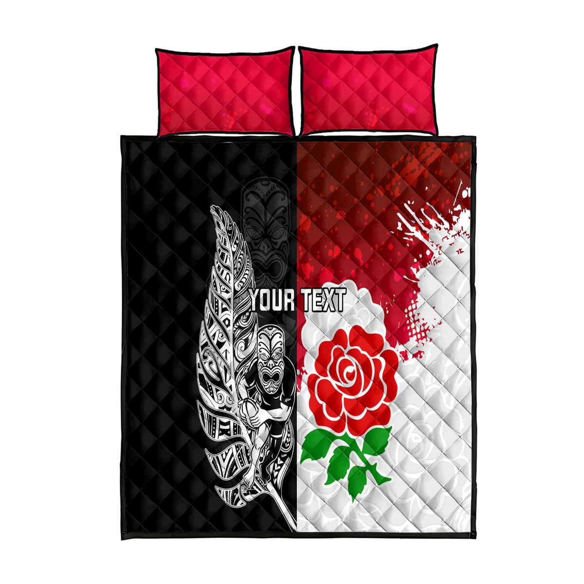 Custom New Zealand And England Rugby Quilt Bed Set 2023 World Cup All Black Combine Red Roses - Vibe Hoodie Shop