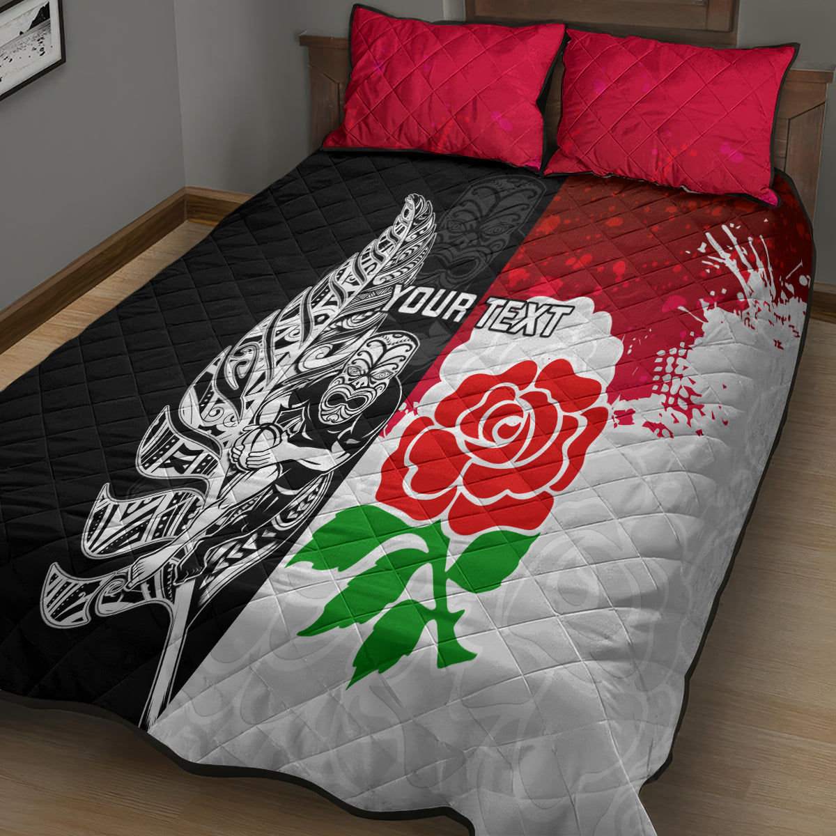 Custom New Zealand And England Rugby Quilt Bed Set 2023 World Cup All Black Combine Red Roses - Vibe Hoodie Shop