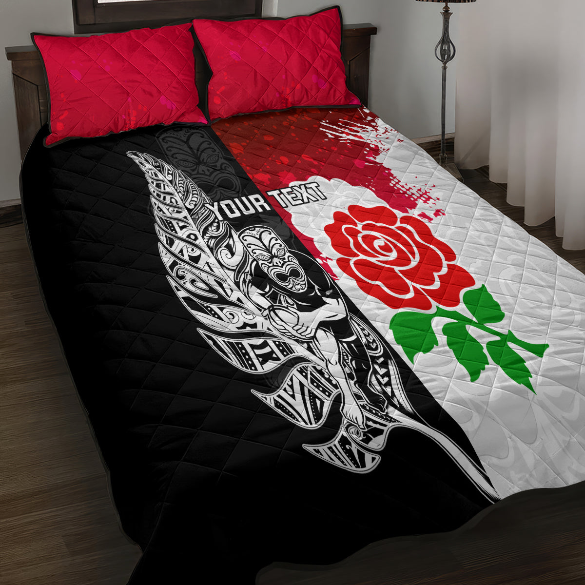 Custom New Zealand And England Rugby Quilt Bed Set 2023 World Cup All Black Combine Red Roses - Vibe Hoodie Shop