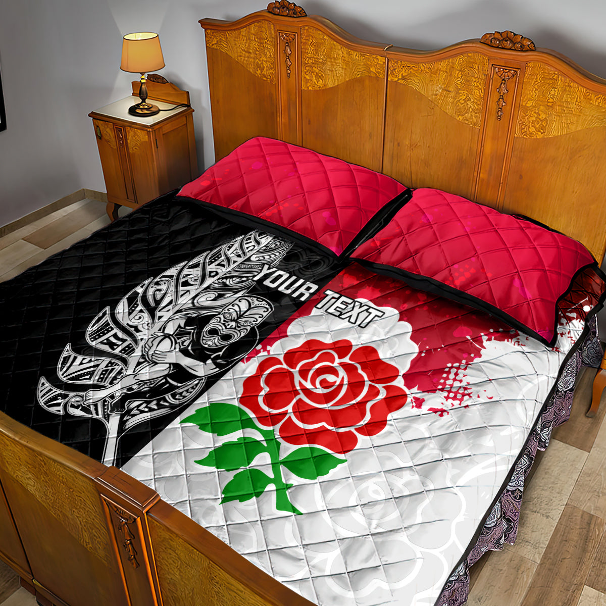 Custom New Zealand And England Rugby Quilt Bed Set 2023 World Cup All Black Combine Red Roses - Vibe Hoodie Shop