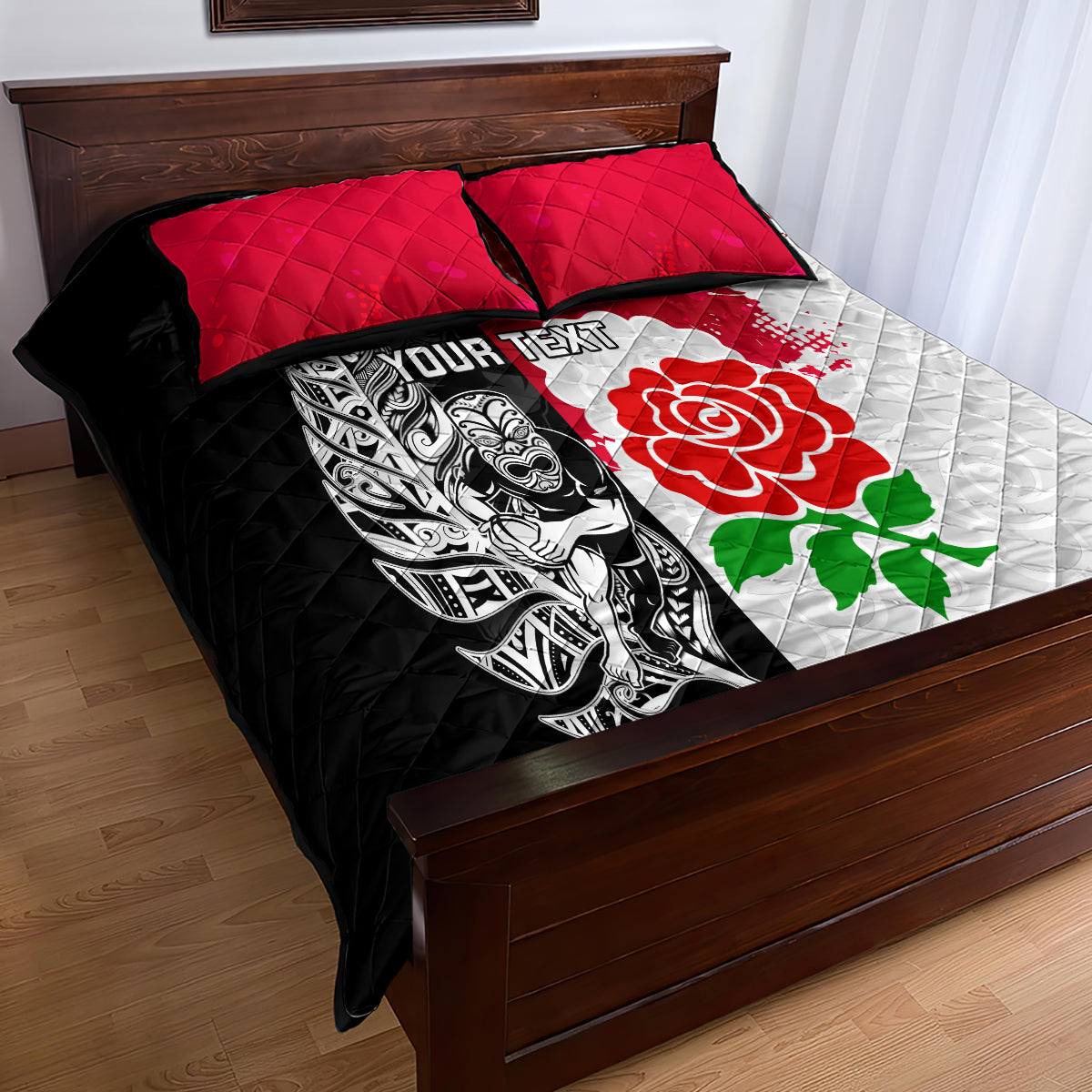 Custom New Zealand And England Rugby Quilt Bed Set 2023 World Cup All Black Combine Red Roses - Vibe Hoodie Shop