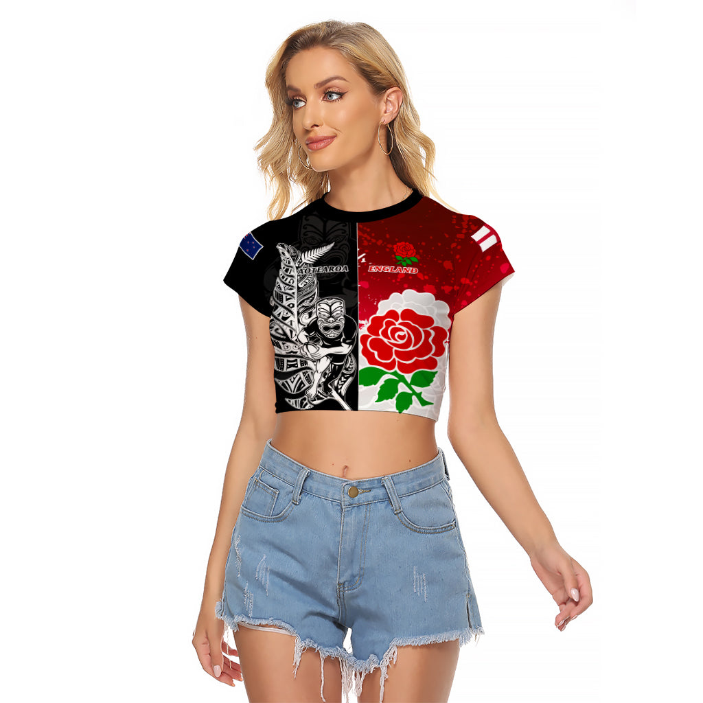 Custom New Zealand And England Rugby Raglan Cropped T Shirt 2023 World Cup All Black Combine Red Roses - Vibe Hoodie Shop