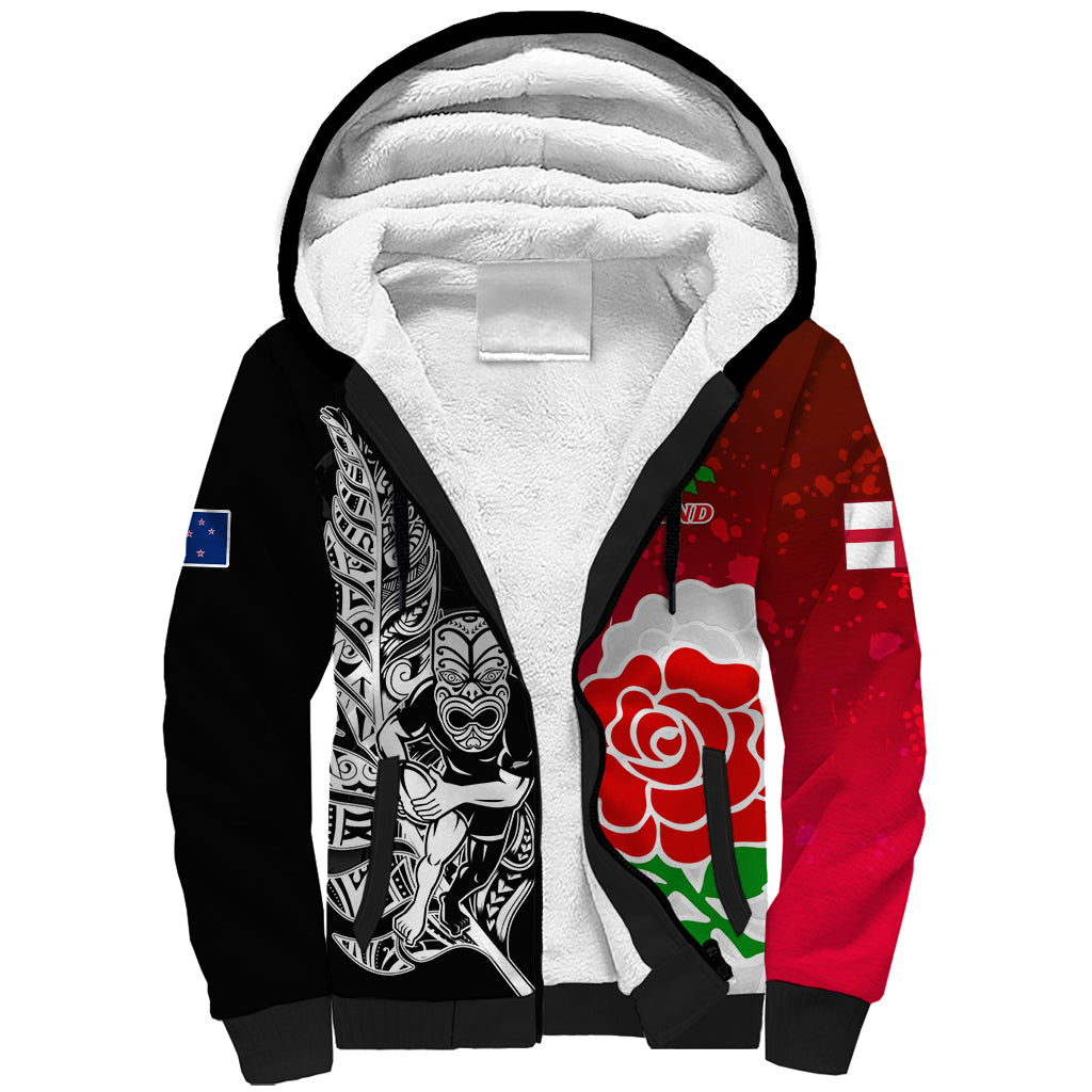 Custom New Zealand And England Rugby Sherpa Hoodie 2023 World Cup All Black Combine Red Roses - Vibe Hoodie Shop