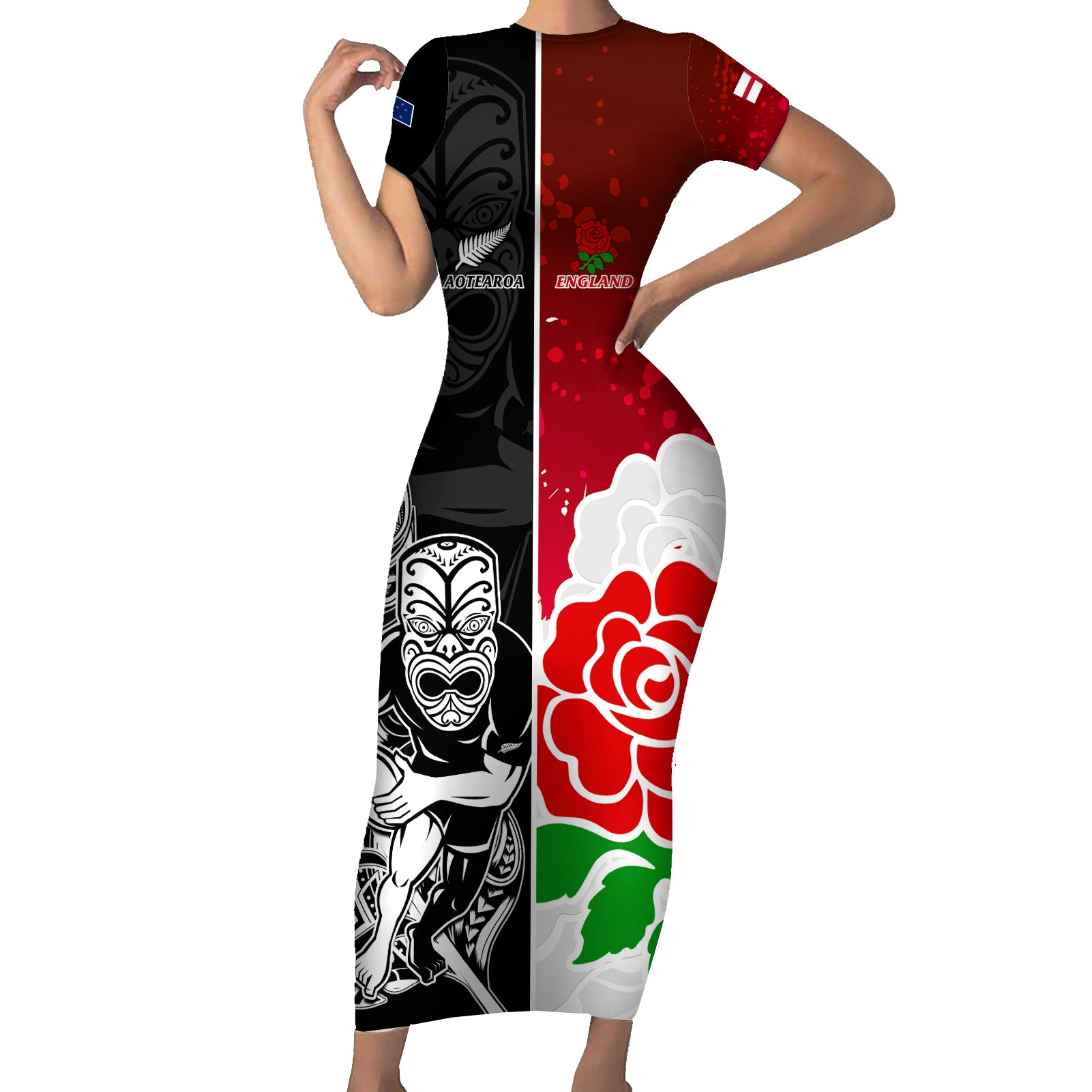 custom-new-zealand-and-england-rugby-short-sleeve-bodycon-dress-2023-world-cup-all-black-combine-red-roses