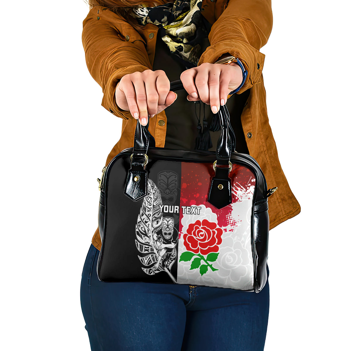 Custom New Zealand And England Rugby Shoulder Handbag 2023 World Cup All Black Combine Red Roses - Vibe Hoodie Shop