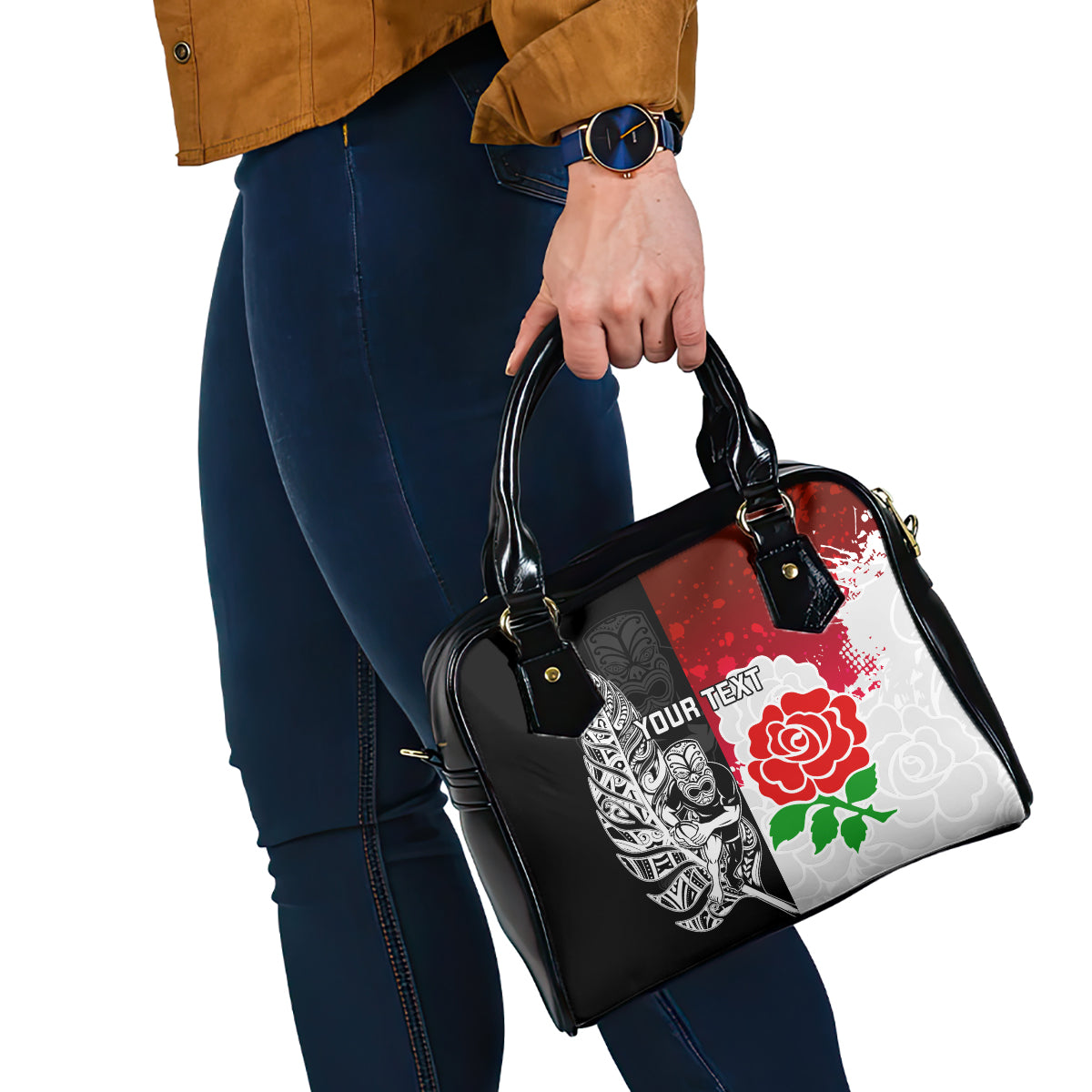 Custom New Zealand And England Rugby Shoulder Handbag 2023 World Cup All Black Combine Red Roses - Vibe Hoodie Shop