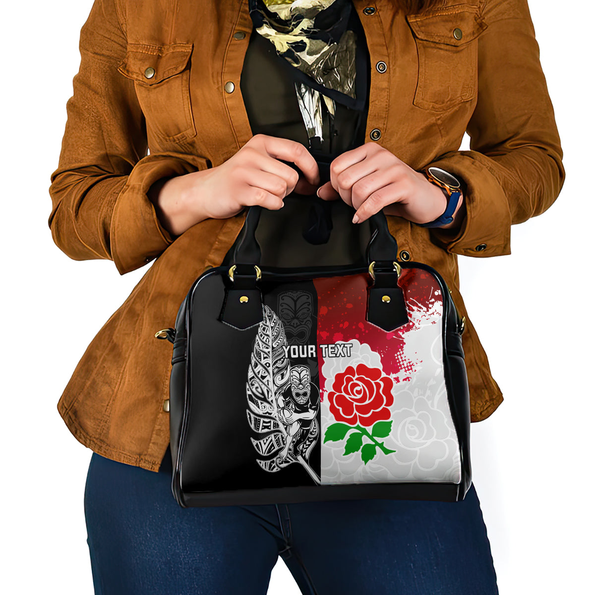 Custom New Zealand And England Rugby Shoulder Handbag 2023 World Cup All Black Combine Red Roses - Vibe Hoodie Shop