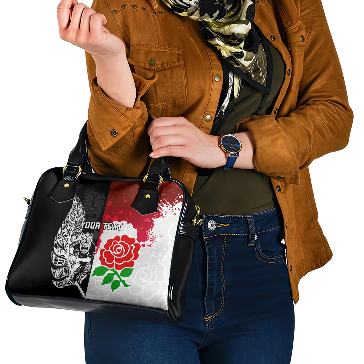 Custom New Zealand And England Rugby Shoulder Handbag 2023 World Cup All Black Combine Red Roses - Vibe Hoodie Shop