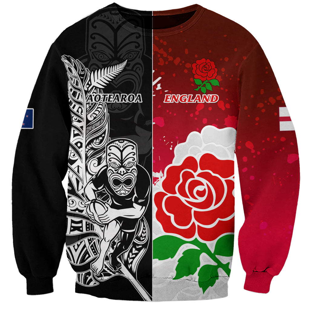 Custom New Zealand And England Rugby Sweatshirt 2023 World Cup All Black Combine Red Roses - Vibe Hoodie Shop